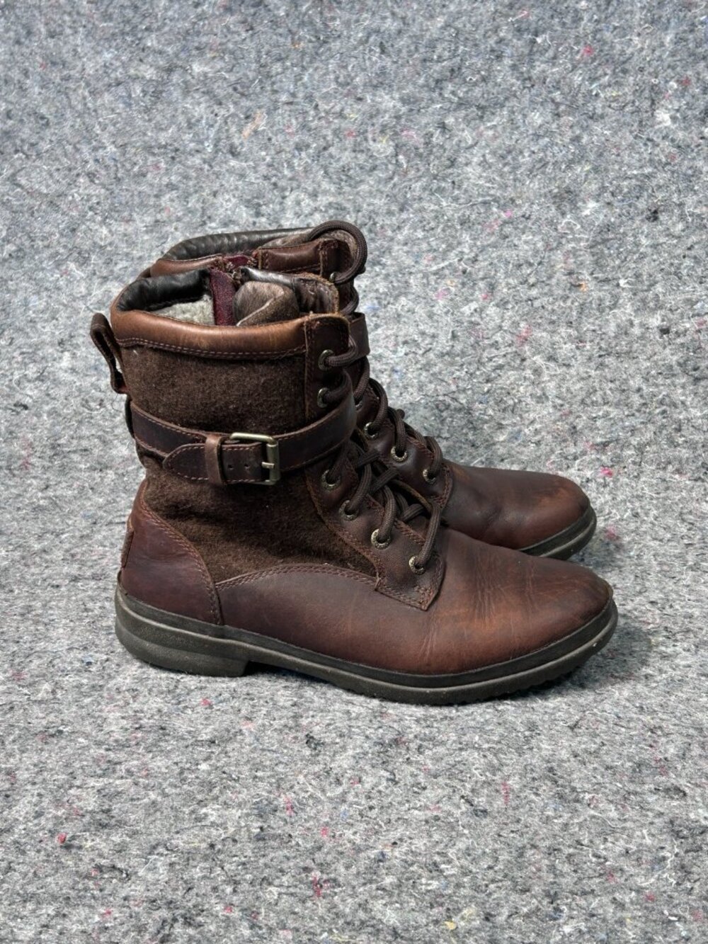 UGG Brown Leather Shearling Lace Up Winter Boots Women’s 7  Zip Buckle Hiking